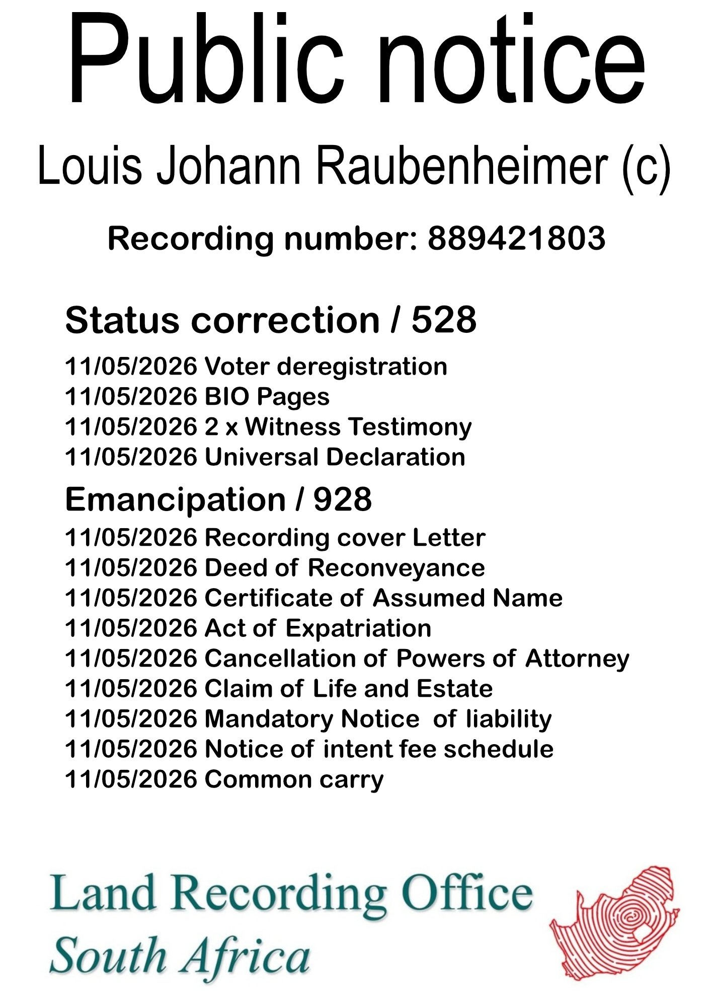 Public notice Louis Johann Raubenheimer (c) Recording number 889421803